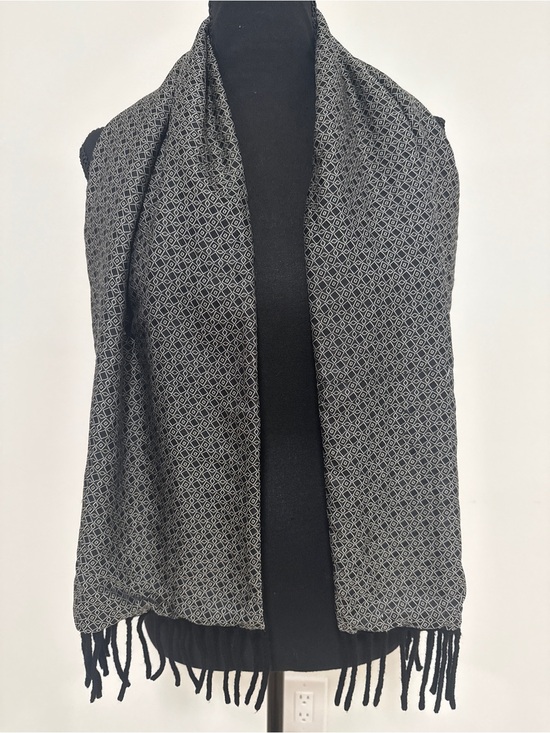 Vintage Accessories - Vintage Luxury 100% Silk Wool Reversible Scarf Black Gray Geometric Fringe Italy